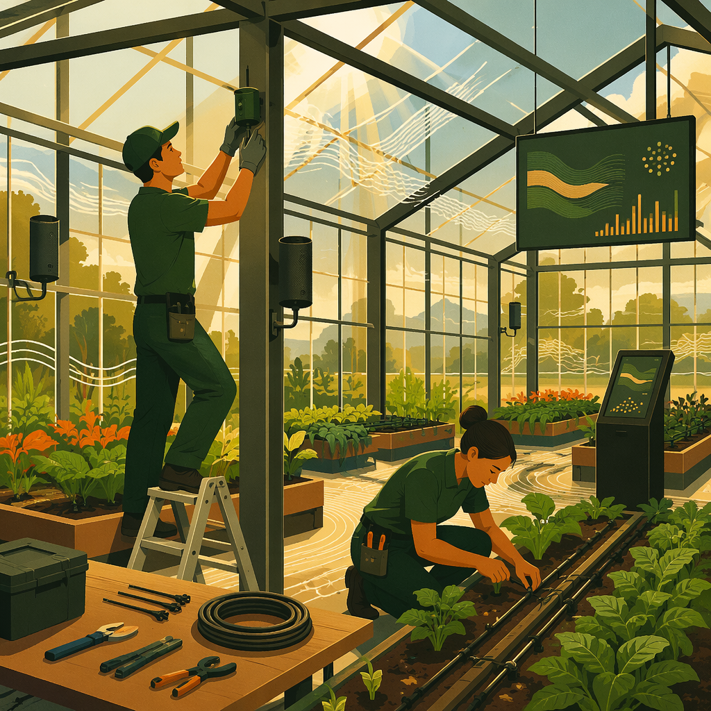 Technicians installing IoT sensors and irrigation in a greenhouse
