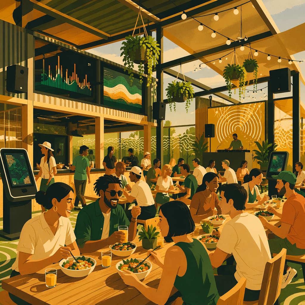 Lively Sunday community gathering with guests at tables