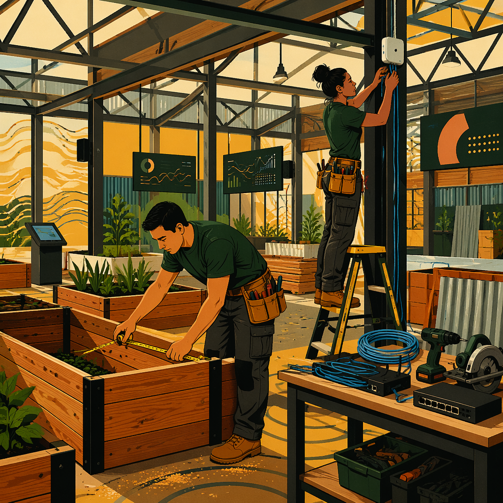 Builders constructing raised beds in a warehouse