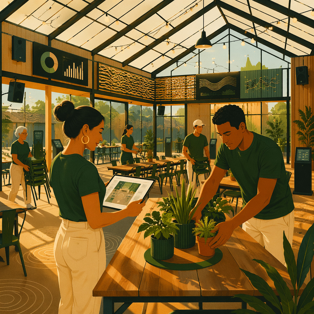 Events team organizing a gathering in a greenhouse atrium