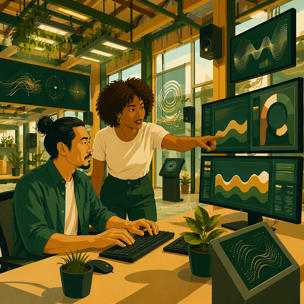 Agentic Engineering Architect at a multi-monitor station in a warehouse