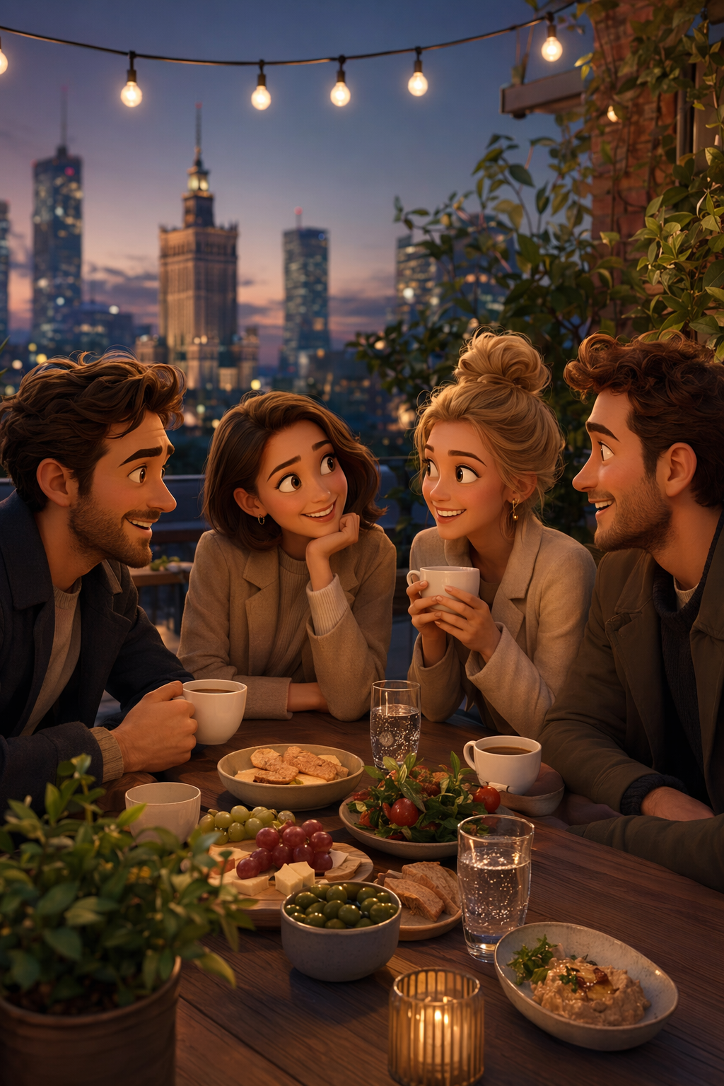 A small group of friends laughing together at a warm evening rooftop gathering in Warsaw