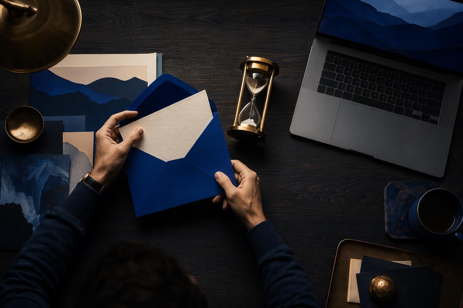 Editorial illustration of a person opening a blue statement envelope beside a laptop and a small glowing brass hourglass.