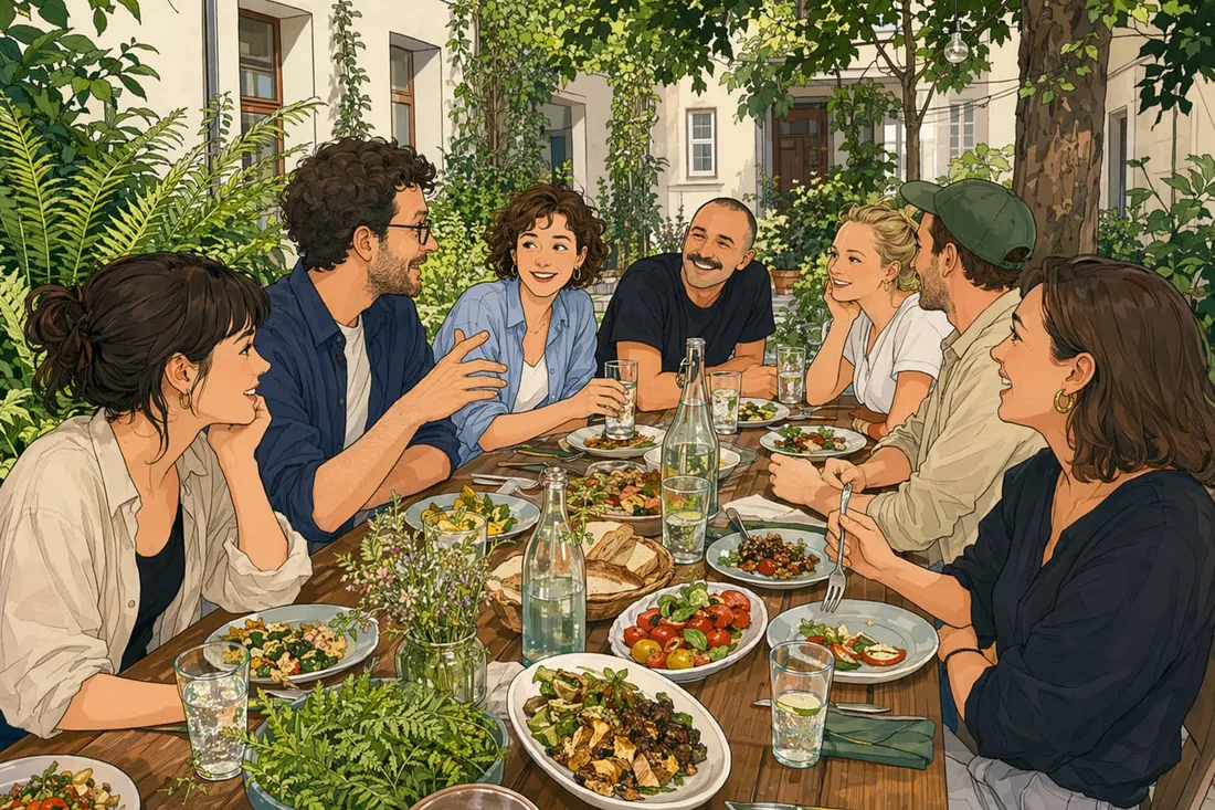 Illustrated friends sharing a relaxed daytime meal around a long communal table in a leafy Warsaw courtyard.