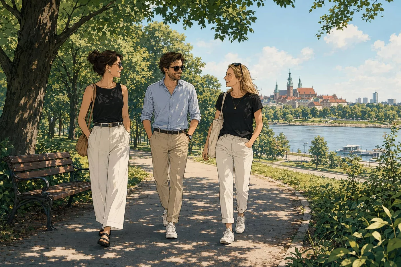 Refined editorial-comic illustration of adults meeting for the first time while walking and talking through a green Warsaw park.