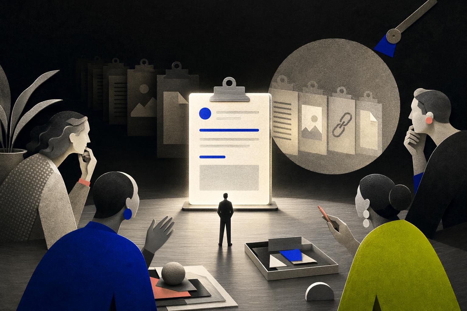 A searchlight reveals earlier copied fragments hidden behind a single luminous clipboard while an editorial panel examines the design.