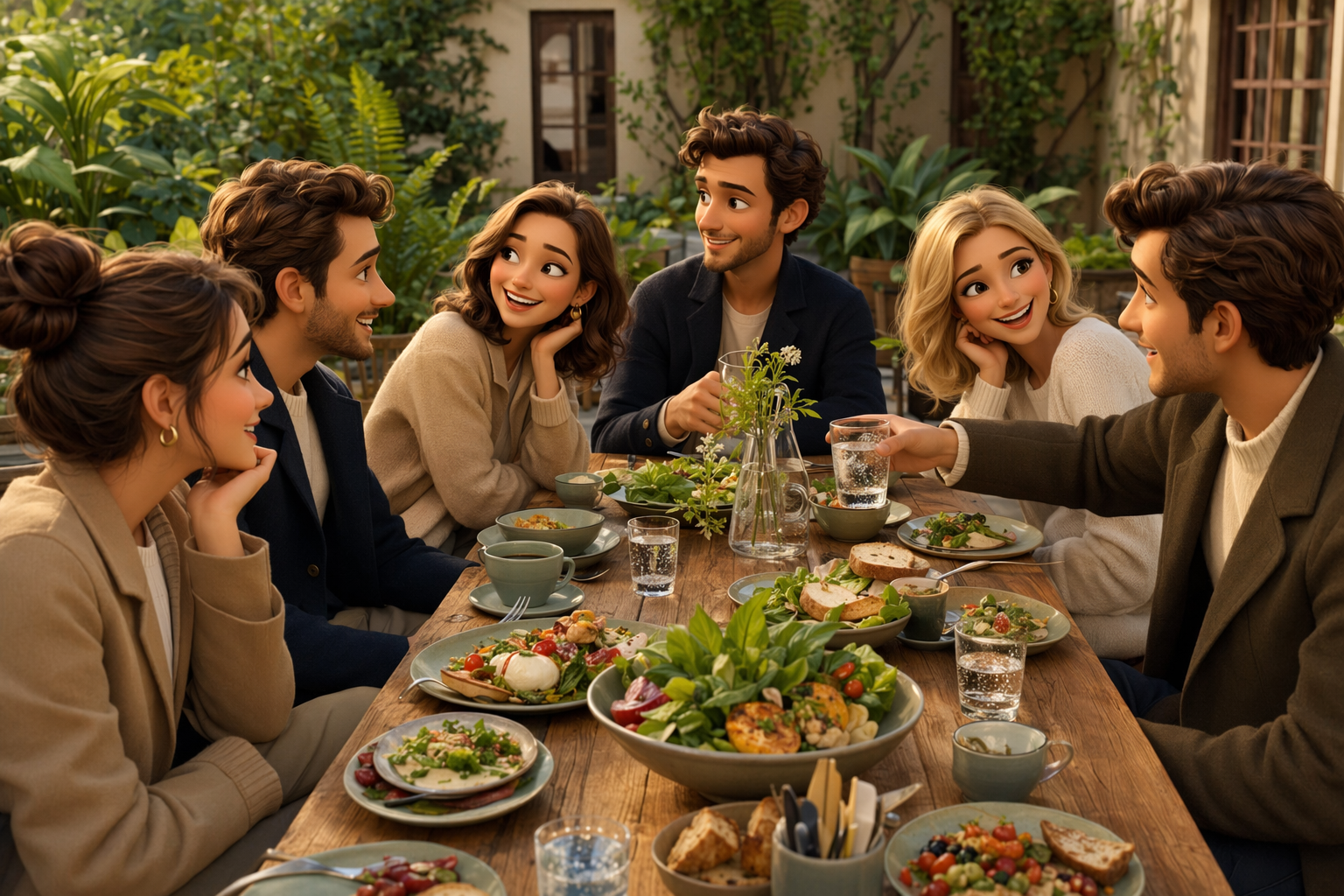 Friends sharing a relaxed daytime meal around a long communal table in a leafy Warsaw courtyard garden