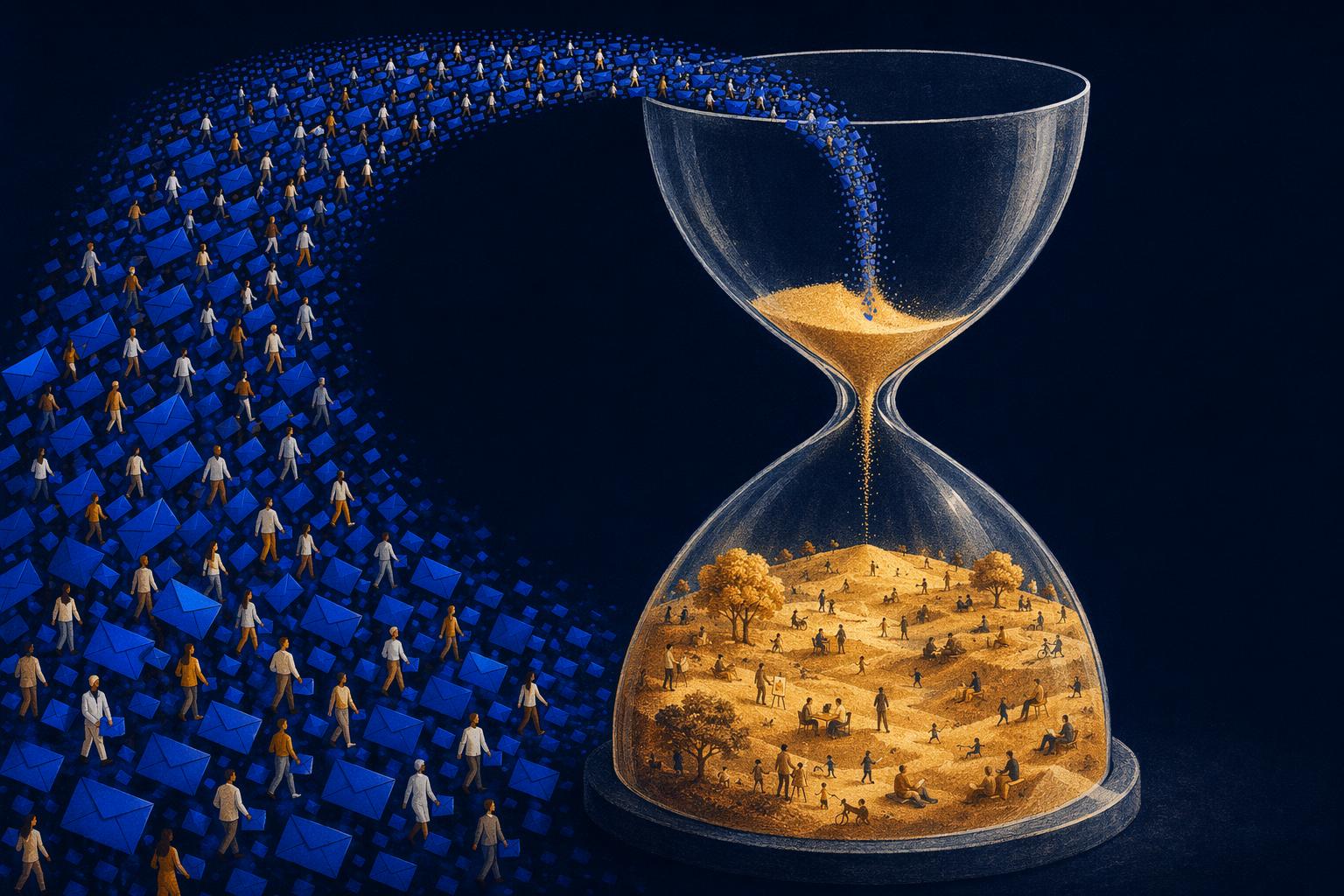Thousands of blue envelopes and tiny people flow into a monumental hourglass filled with golden sand.