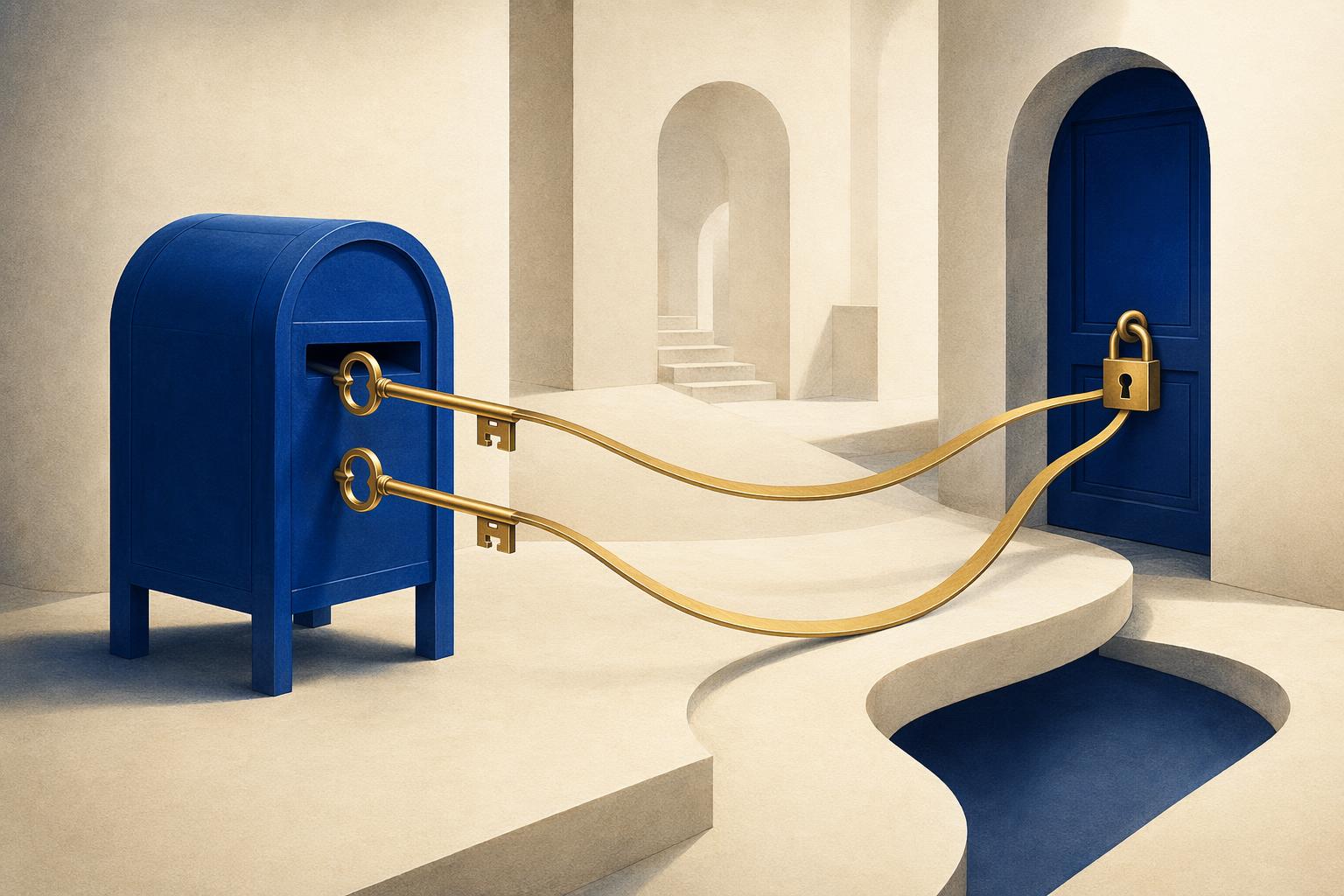 Conceptual illustration of two brass keys coming from one blue mailbox and leading toward the same locked door.