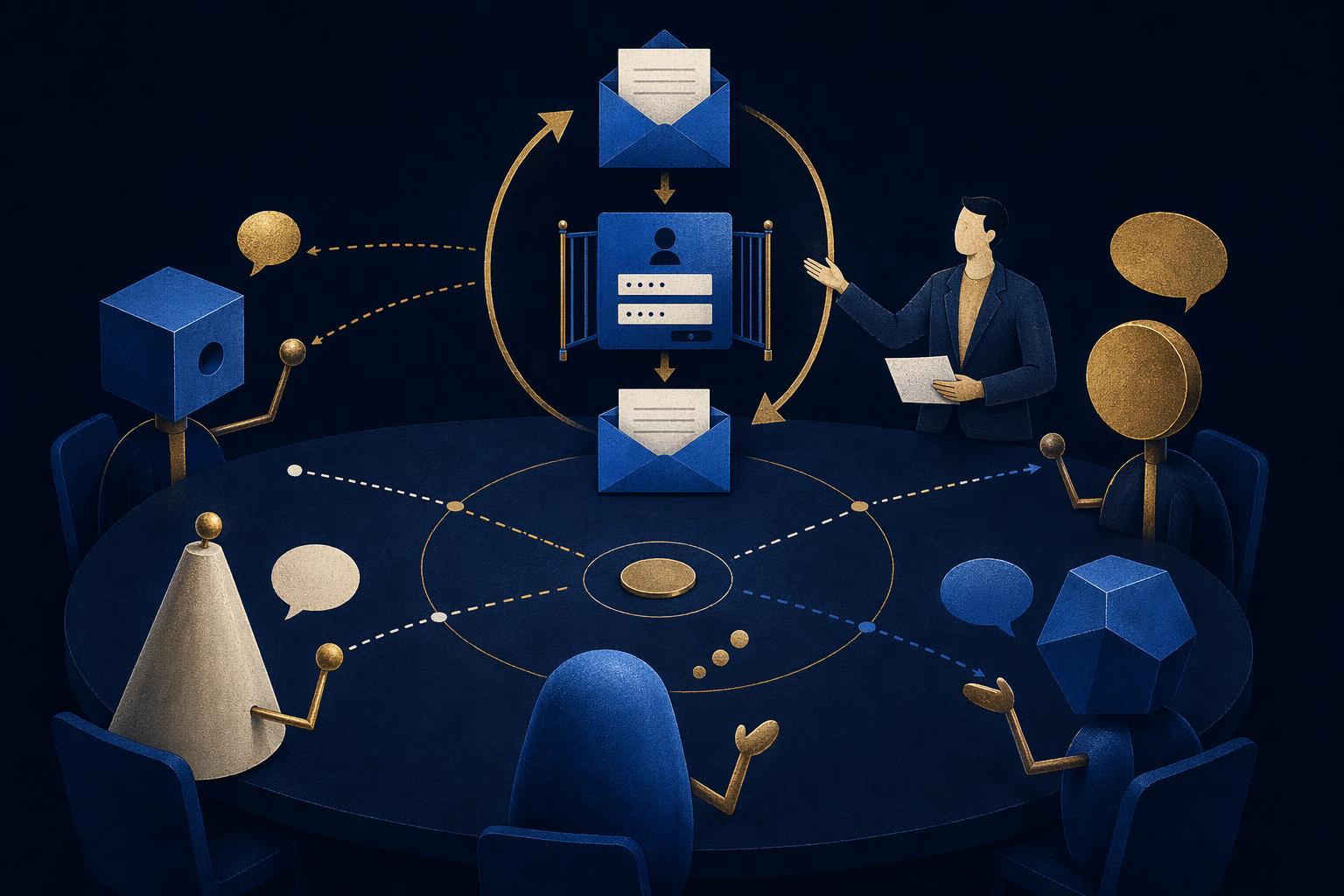 Five abstract conversational guests debate around an email, login gate, and repeating verification loop.