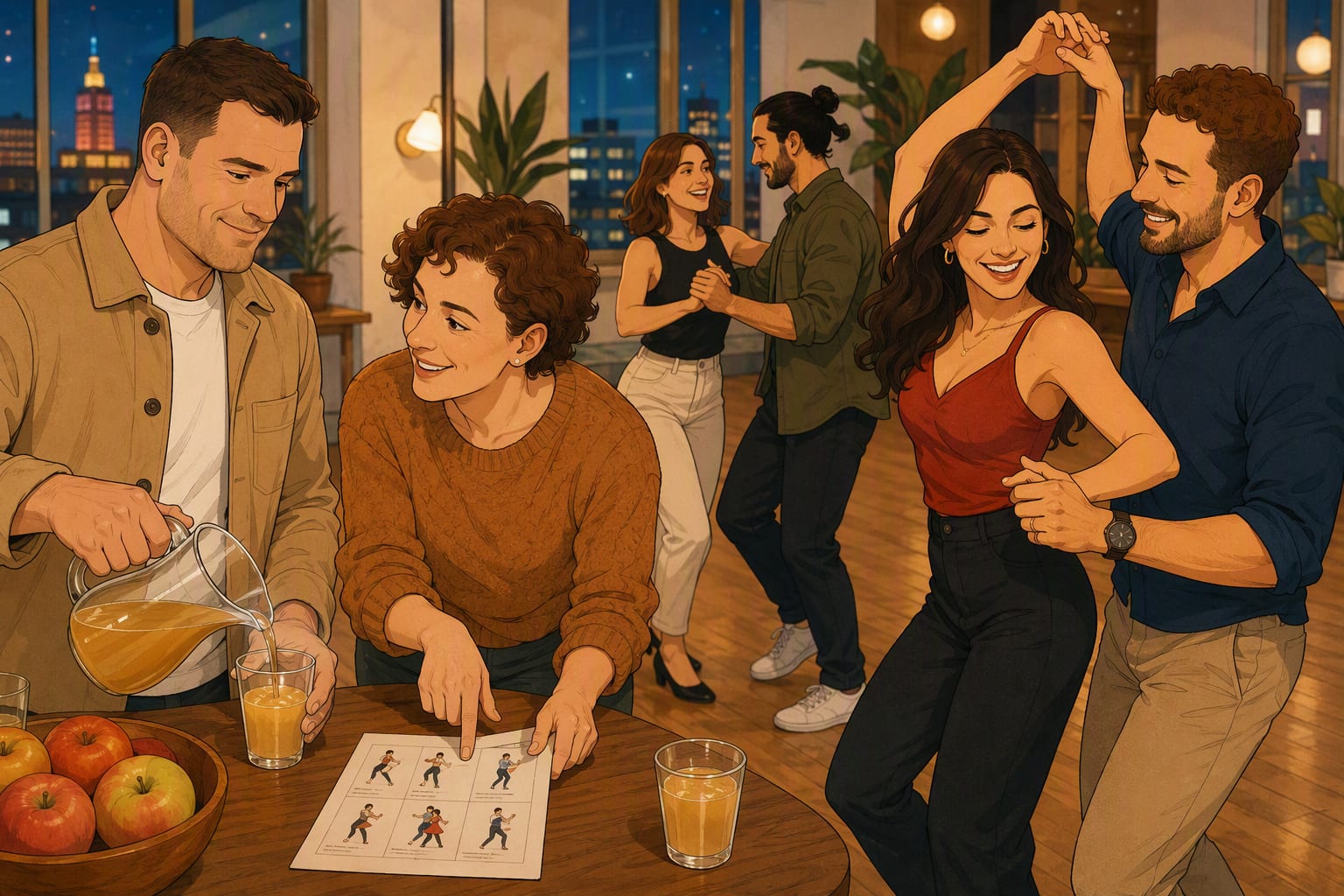 Illustration of couples dancing salsa in a warm room, two friends at a table in front.