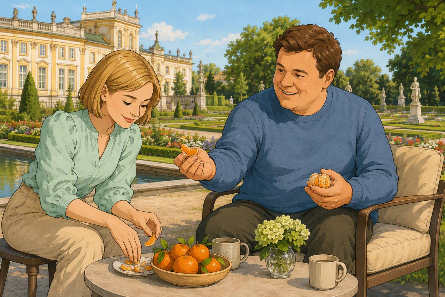 Illustration of two friends sharing fruit at a garden table, Wilanów Palace behind them.