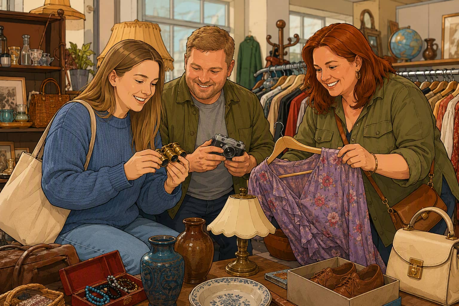 Illustration of three friends looking through clothes and old things in a vintage shop.
