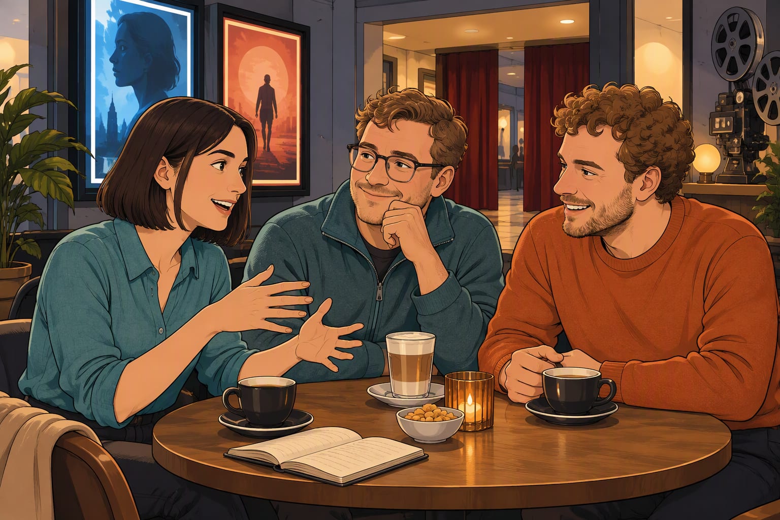 Illustration of three friends talking over coffee at a round table in a cinema café, film posters behind them.